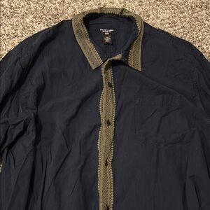 Ralph Lauren Vintage Men’s Navy Button-Up Shirt with Green/Tan Trim